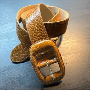 Longchamp Monogram Crocodile Embossed Tan Statement Belt with Gold Hardware.